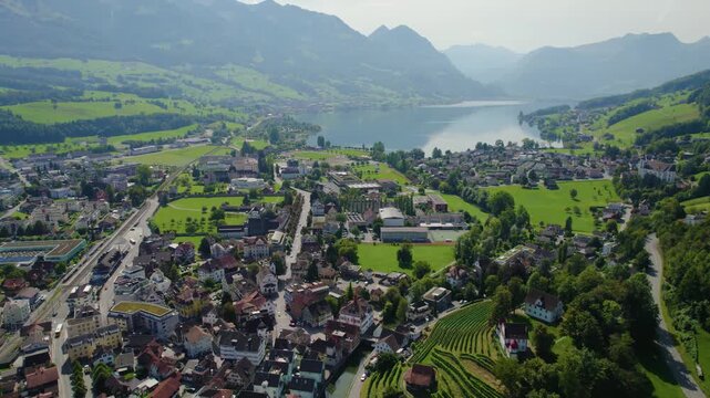 Aerial view around the old town of the city Sarnen in Switzerland on a sunny day in summer.