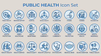 Public Health Icon Set with Telemedicine, Vaccination, Medical Research, and Health Monitoring for Awareness Campaigns, Educational Kits, and Healthcare Dashboards