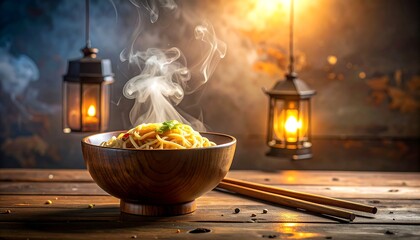 Steaming Noodles in Wooden Bowl, Rustic Setting with Lanterns
