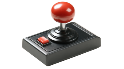 Retro video game joystick with red ball top and button on transparent background, capturing vintage arcade gaming nostalgia