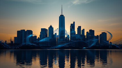 A depiction of a cityscape silhouette, highlighting buildings accompanied by abstract dark blue particles.
