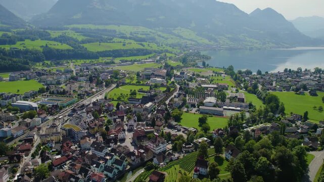 Aerial view around the old town of the city Sarnen in Switzerland on a sunny day in summer.