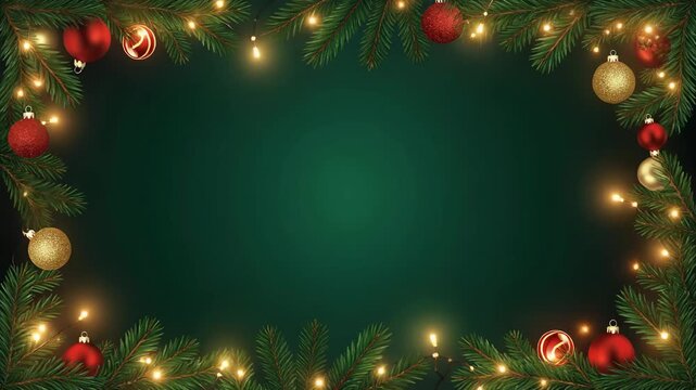 Christmas holiday frame with evergreen branches, red and gold baubles, and warm string lights on dark green backdrop, perfect for festive designs and greetings.
