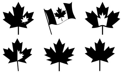 Six Black Maple Leaf Silhouettes with Transparent Background white