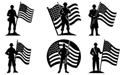 Silhouettes of Soldiers Holding American Flags on White Background military patriotism