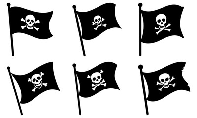 Six Black Pirate Flags with Skull and Crossbones Symbols on White Background black flag six flags