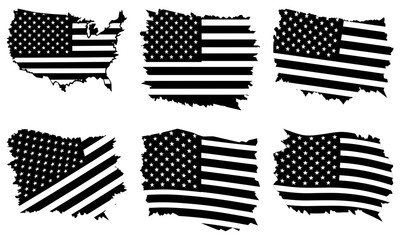 American Flag Silhouette Shapes on White Background stars stripes