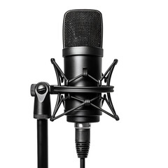 Professional studio condenser microphone mounted in a shock mount featuring a detailed grille and attached xlr cable
