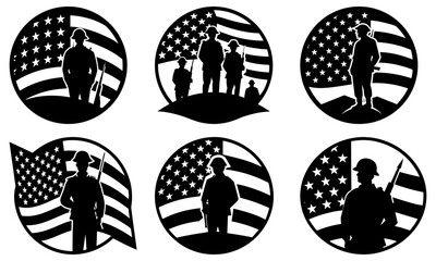 Silhouettes of Soldiers Holding Flags with American Flag Background military patriotic