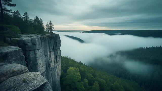 Panoramic mountain landscape with thick fog drifting through green valleys and rugged peaks, creating a serene and dramatic natural scene.
