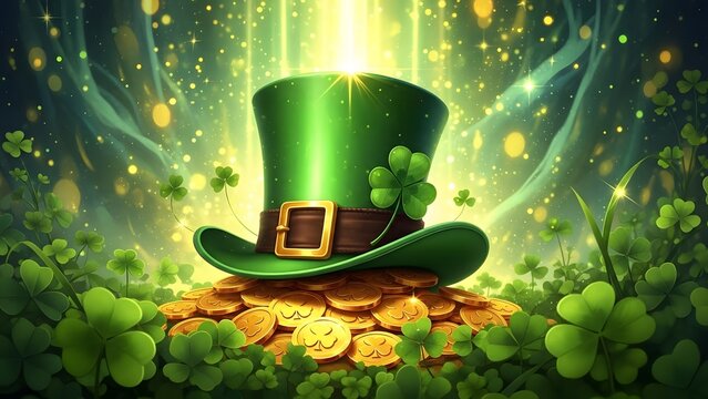 St patrick's day magic a leprechaun's green top hat amidst gold coins and shamrocks