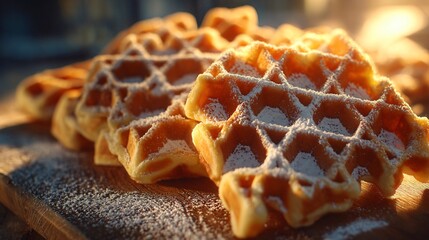 Warm waffles with powdered sugar, photographed from side angle, soft golden light
