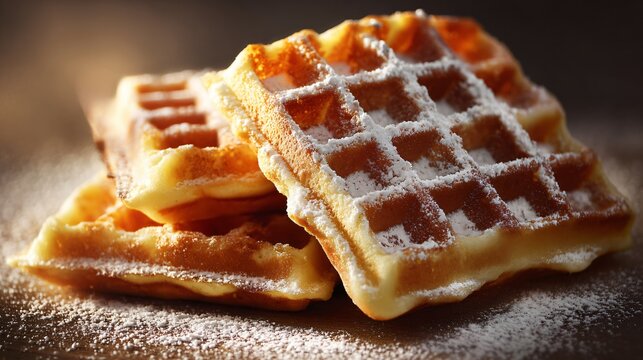Warm waffles with powdered sugar, photographed from side angle, soft golden light