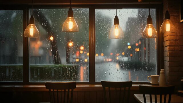 Peaceful cafe interior with warm lights and chairs by large window, rainy street outside, creating a serene, reflective atmosphere.

