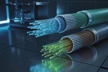 High-Speed Fiber Optic Cable Concept with Glowing Data Streams and 3D Network Technology Background