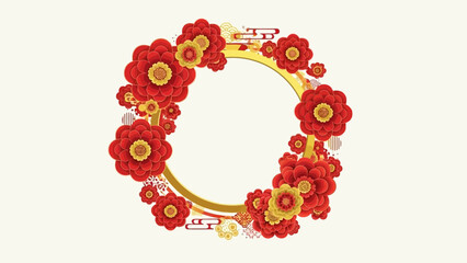 Festive circular frame adorned with red flowers and golden intricate patterns, suitable for Chinese New Year or Asian celebrations, on a subtle cream background.