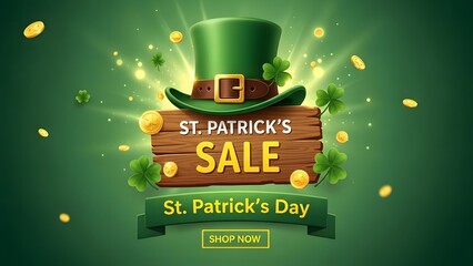 St patricks day sale celebration with leprechaun hat and gold coins