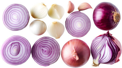 Assortment of fresh red and white onion bulbs whole and sliced revealing concentric layers alongside isolated garlic cloves against a dark background