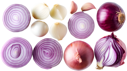 Assortment of fresh red and white onion bulbs whole and sliced revealing concentric layers alongside isolated garlic cloves against a dark background
