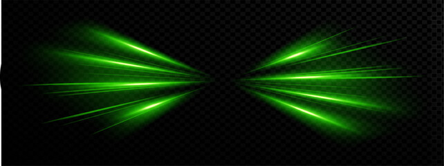 Light speed with line green png and effect. Cartoon laser glow with neon and line. Light speed energy poster flare star tech shiny swirl road movement burst bg anime flash funnel car magic spark. © RDVector