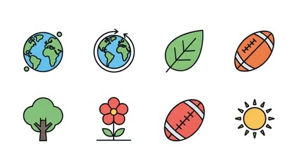 Set of colorful icons representing earth nature and sports elements