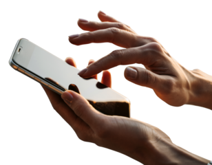 Close up of hands using a smartphone with a wooden phone case