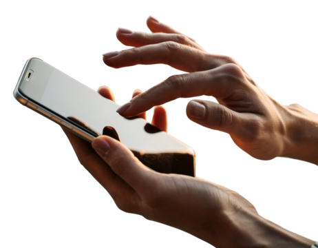 Close up of hands using a smartphone with a wooden phone case - Powered by Adobe