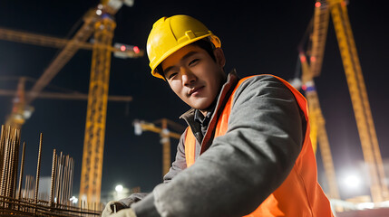 At night, a construction worker wearing a yellow hard hat and orange vest oversees a construction site, with cranes looming in the background under the dark sky.