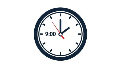 Clock illustration showing the time nine oclock against white background