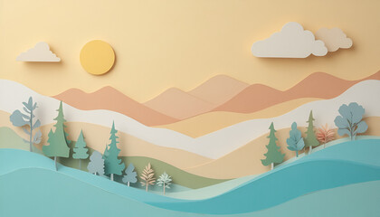 Serene landscape with layered hills, trees, and sunny sky