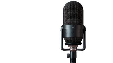 Detailed close up of a classic black broadcast microphone on a stand isolated against transparent background symbolizing audio recording and broadcasting production