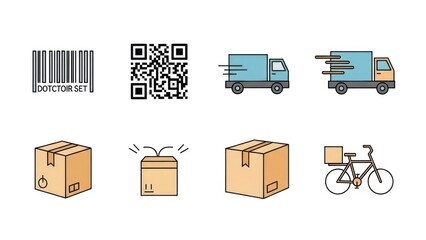 Delivery icons set package boxes trucks and bicycle barcode and qr code