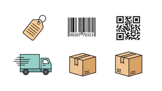 Delivery and commerce icons set featuring barcode qr code and tags