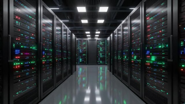Modern data center hallway with server racks and blinking lights, representing data processing, cloud storage, and high-speed network connectivity.
 - Powered by Adobe