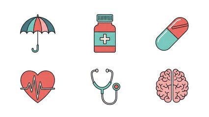 Medical icons umbrella medicine pill heart stethoscope and brain symbols