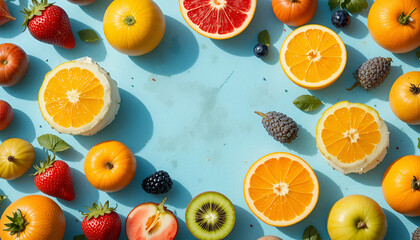 Vibrant colorful fruit arrangement on light blue background