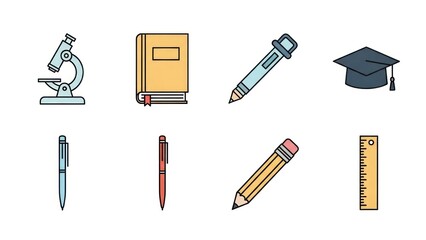 Educational icons microscope book pens pencils ruler and graduation cap