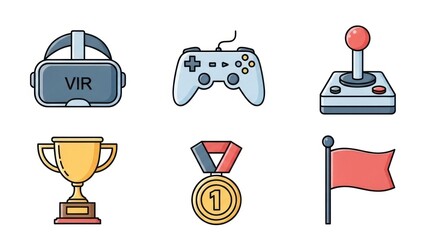 Gaming icons set virtual reality headset controller joystick and trophy
