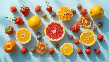 Vibrant fruit arrangement with strawberries, oranges, and grapefruits on blue background