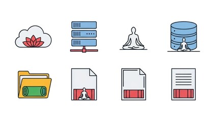Yoga and technology icons cloud servers data documents meditation peace