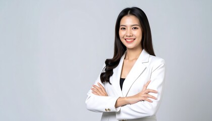 Confident young Asian businesswoman in a white suit smiling with arms crossed against a grey background.