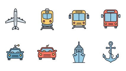 Transportation icons airplane train bus car ship and anchor illustrations