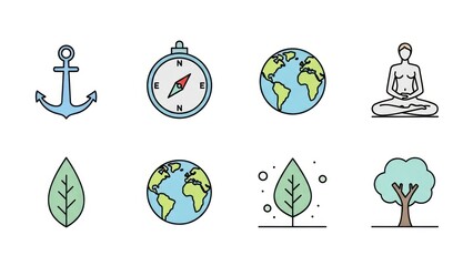 Set of colorful vector icons anchor compass globe meditation and more