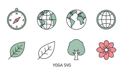 Icon set compass globe leaf tree and flower illustrations for design