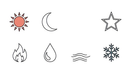 Abstract graphic illustrations of celestial bodies and natural elements