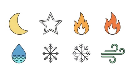 Symbolic elements illustration moon star fire water snowflake and wind