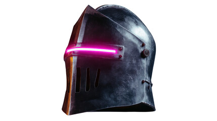 Medieval knight helmet transforming into cyberpunk cyborg armor with glowing neon visor on transparent background