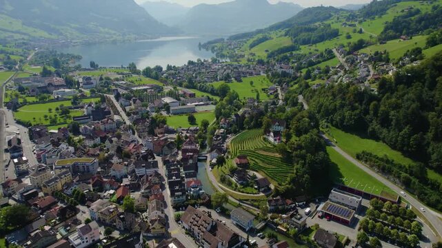 Aerial view around the old town of the city Sarnen in Switzerland on a sunny day in summer.
