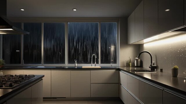 Tranquil modern kitchen at night with warm lighting and large window showing heavy rain, creating a cozy, peaceful atmosphere.

