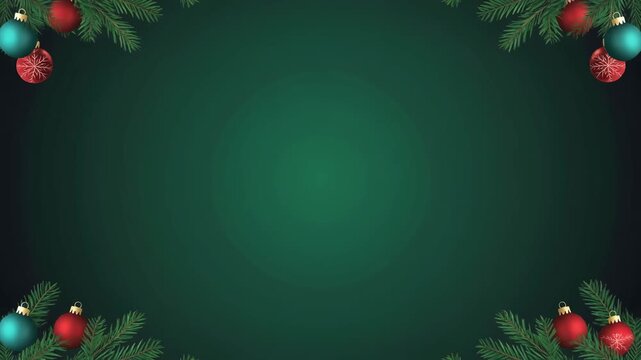Festive Christmas background with evergreen branches and red-teal ornaments on deep green backdrop, ideal for holiday greetings and seasonal content.
